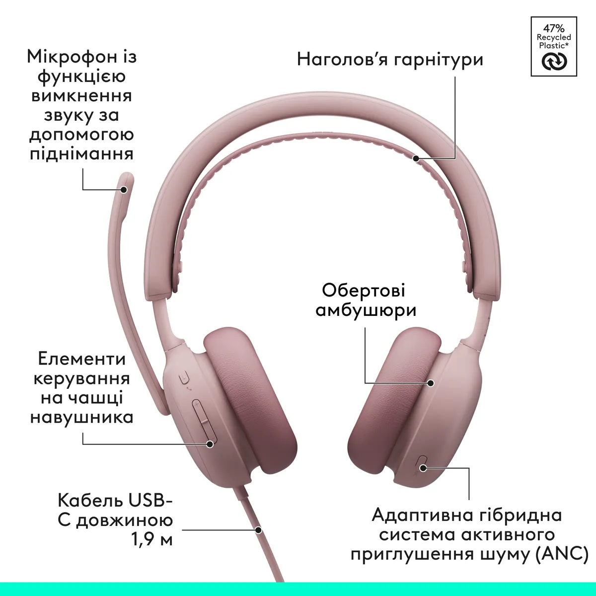 Гарнітура Logitech Zone Wired 2 USB Rose (981-001620) - мініатюра 6