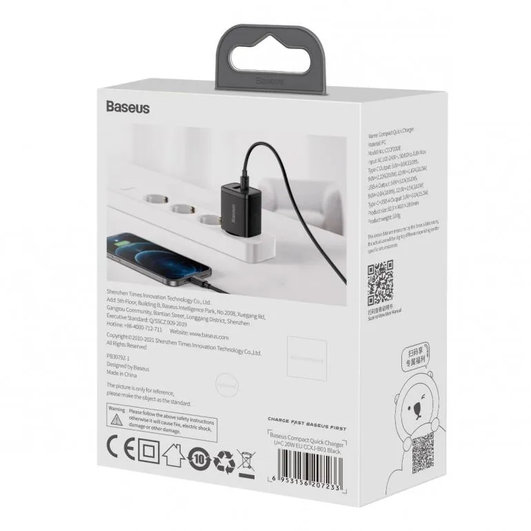 Зарядний пристрій Baseus Compact Quick Charger USB+Type-C 20W Чорний (CCXJ-B01) - мініатюра 6