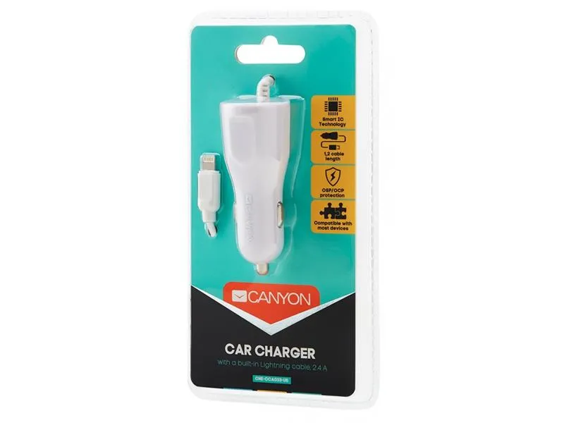 Автомобільний зарядний пристрій Canyon (1USB, 2.4A) White (CNE-CCA033W) + кабель Lightning - мініатюра 2
