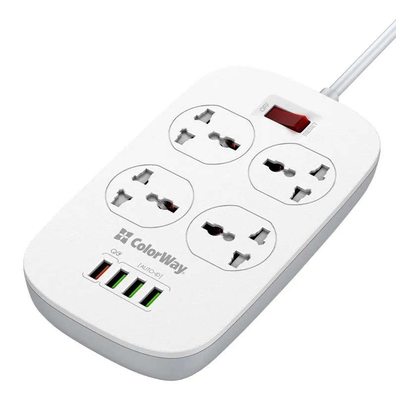 Фільтр живлення ColorWay CW-CHU44QW 4 розетки, 4 USB (1QC3.0+3 AUTO ID), 1.8 м, білий - мініатюра 2