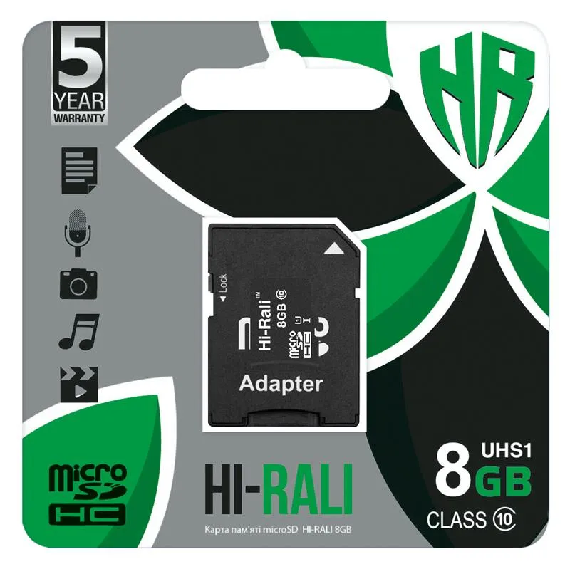 Карта пам`ятi MicroSDHC 8GB UHS-I Class 10 Hi-Rali + SD-adapter (HI-8GBSD10U1-01) - мініатюра 2
