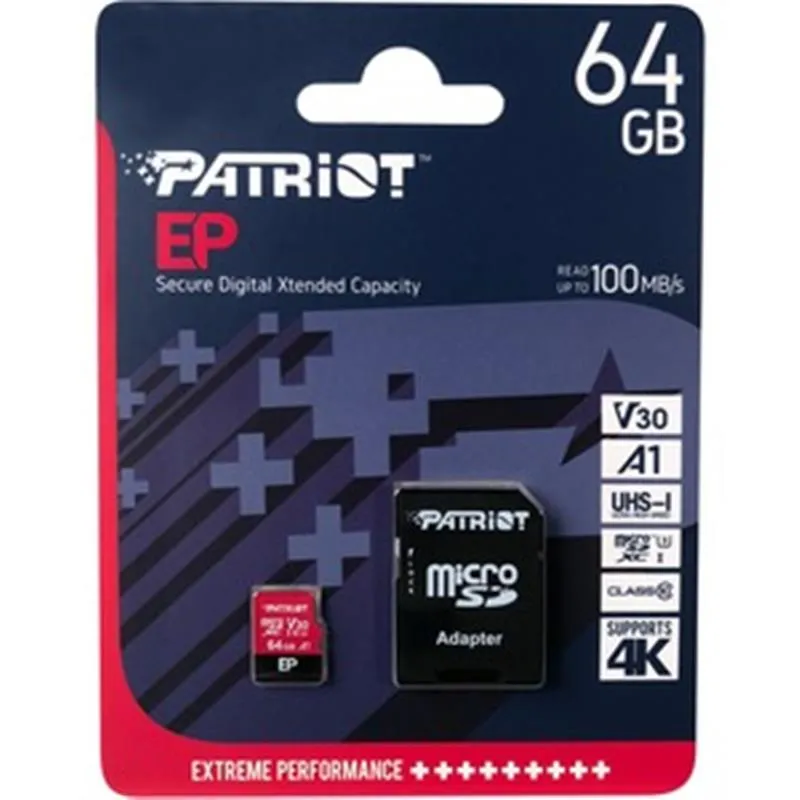 Карта пам`ятi MicroSDXC 64GB UHS-I/U3 Class 10 Patriot EP A1 R90/W80MB/s + SD-adapter (PEF64GEP31MCX) - зображення 1