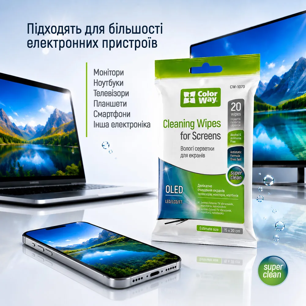 Серветки ColorWay для очищення OLED, LED, LCD, TFT 20 шт (CW-1070) - мініатюра 4