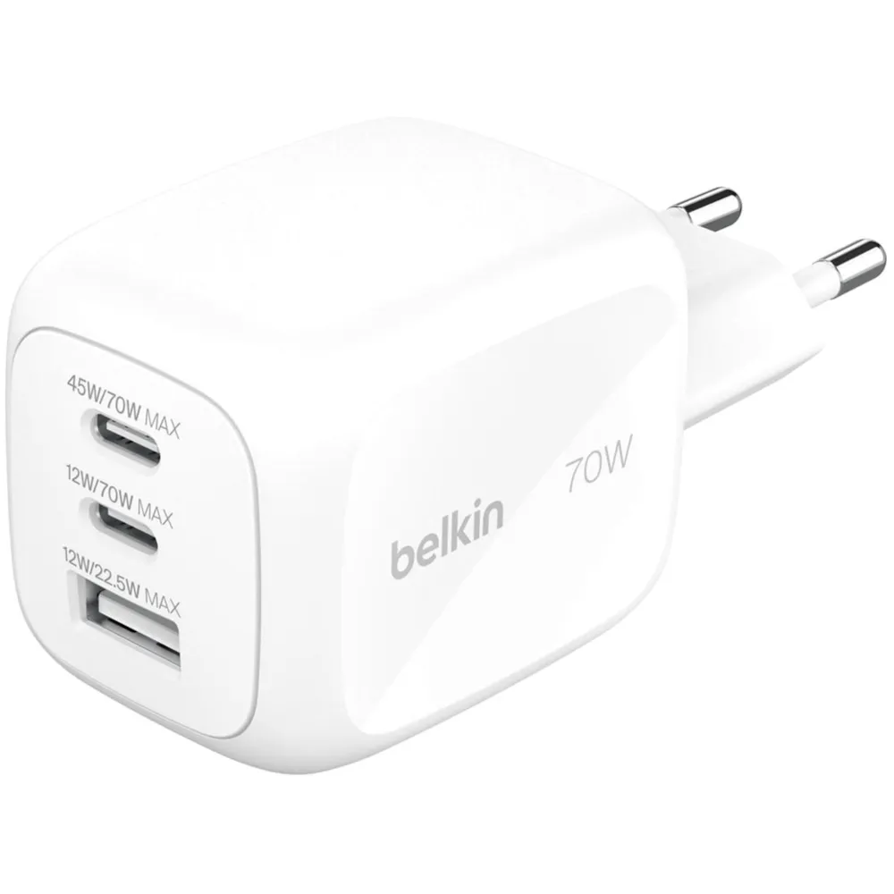 Мережевий зарядний пристрій Belkin BoostCharge Pro 3-Port GaN Wall Charger 70W White (WCH018HQWH) - зображення 1