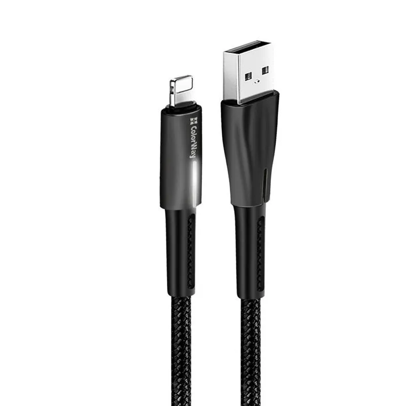 Кабель ColorWay USB - Lightning (M/M), 2.4 А, Zinc Alloy + Led, 1 м, Black (CW-CBUL035-BK) - зображення 1