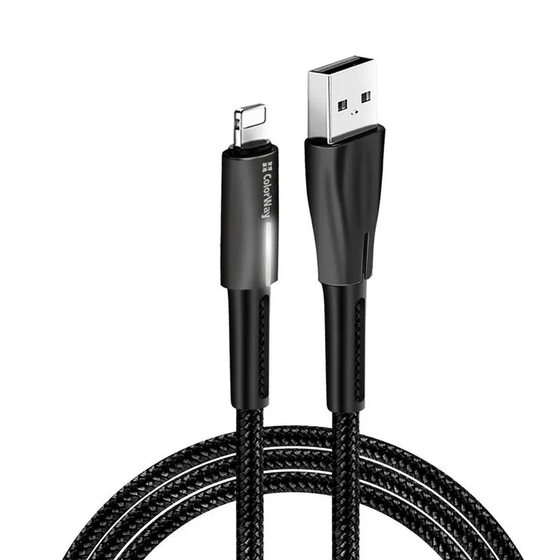 Кабель ColorWay USB - Lightning (M/M), 2.4 А, Zinc Alloy + Led, 1 м, Black (CW-CBUL035-BK) - мініатюра 3
