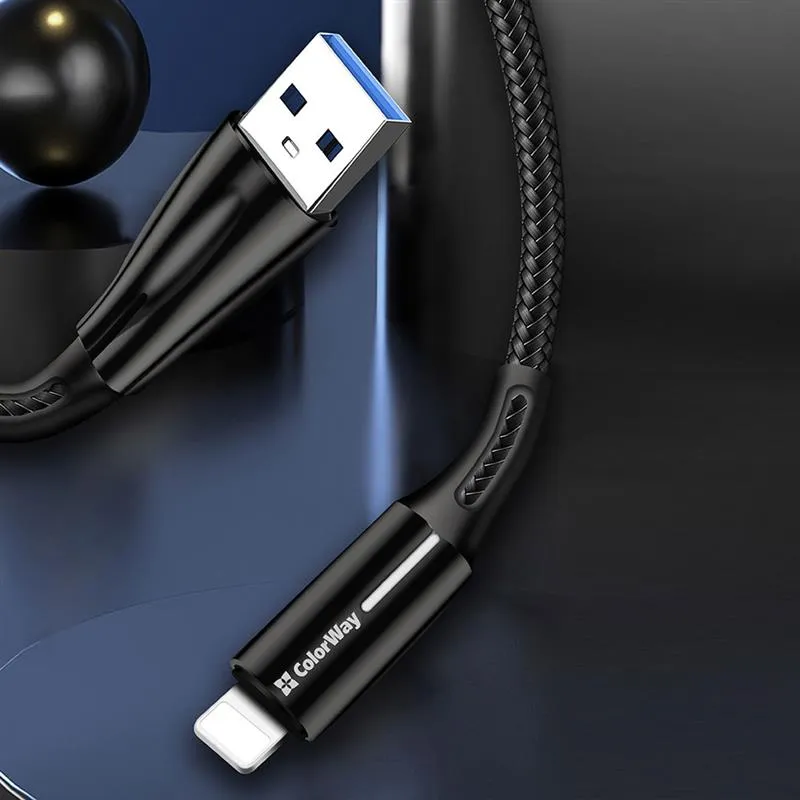 Кабель ColorWay USB - Lightning (M/M), 2.4 А, Zinc Alloy + Led, 1 м, Black (CW-CBUL035-BK) - мініатюра 6