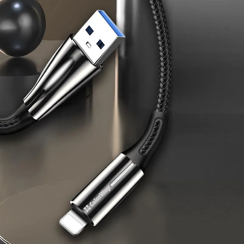 Кабель ColorWay USB - Lightning (M/M), 2.4 А, Zinc Alloy + Led, 1 м, Black (CW-CBUL035-BK) - мініатюра 7