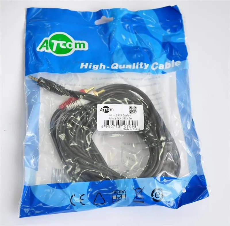 Аудіо-кабель Atcom (10709) mini-jack 3.5мм(M)-2xRCA-тюльпан(M) 5м пакет - мініатюра 2