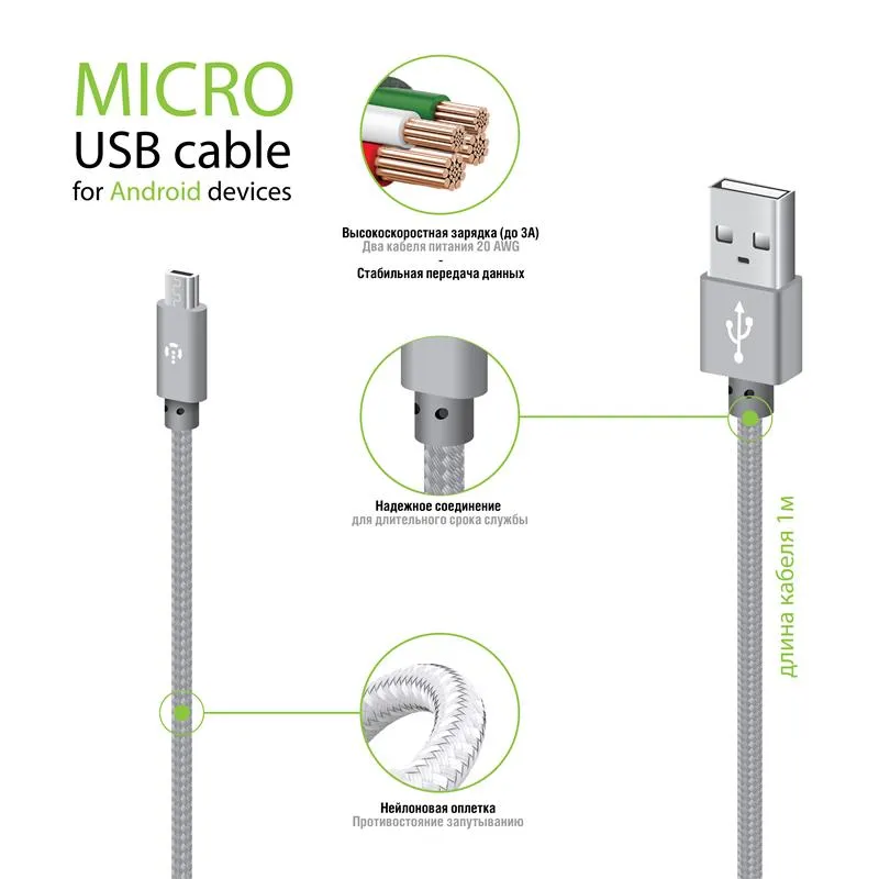 Кабель Intaleo CBGNYM1 USB - micro USB (M/M), 1 м, Grey (1283126477676) - мініатюра 2