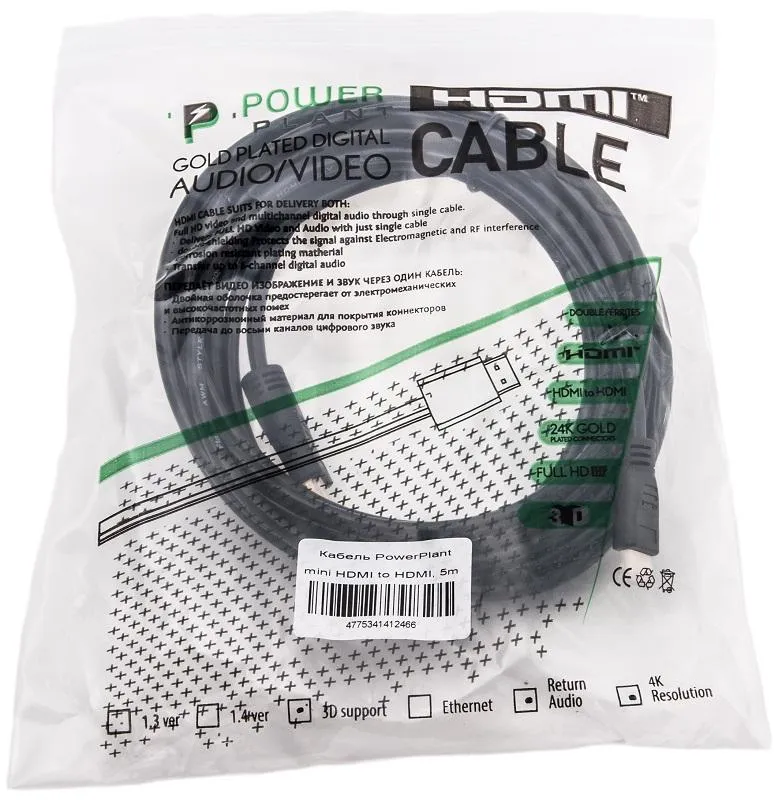 Кабель PowerPlant (KD00AS1246) miniHDMI-HDMI v1.3, 5м, Black - зображення 1