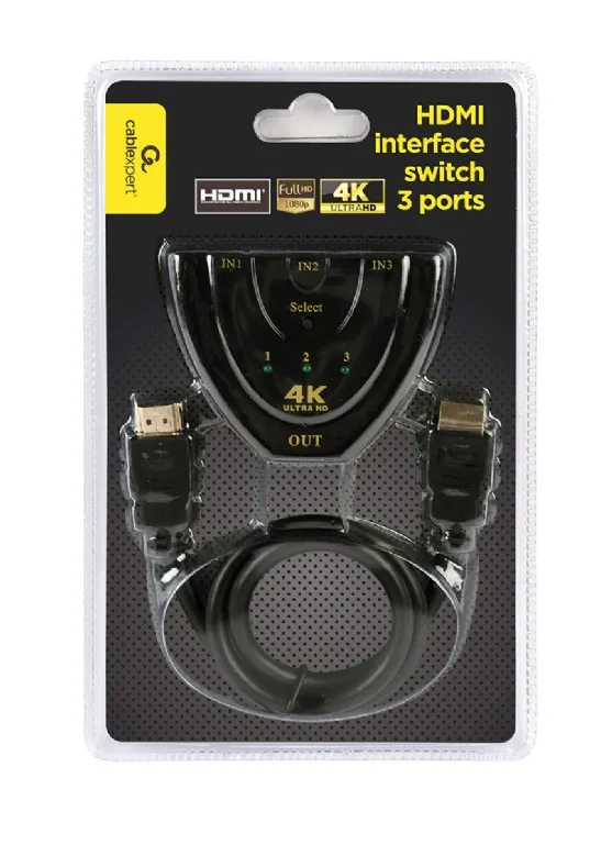 Перемикач HDMI-інтерфейсу Cablexpert HDMI - 3хHDMI V 1.4 (M/F), 0.5 м, чорний (DSW-HDMI-35) блістер - мініатюра 5