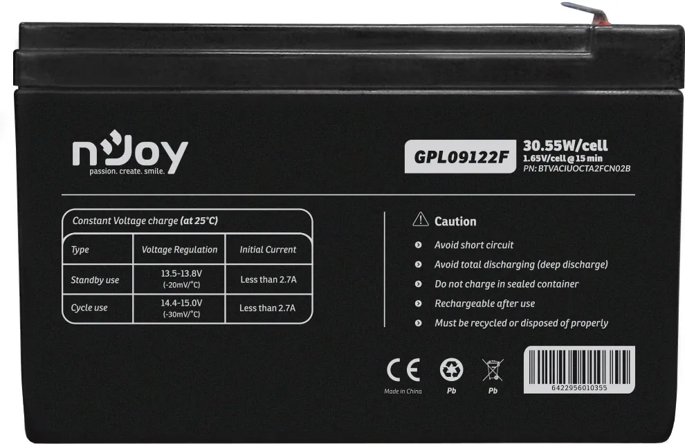 Акумуляторна батарея Njoy GPL09122F 12V 9AH (BTVACIUOCTA2FCN02B) AGM - мініатюра 5