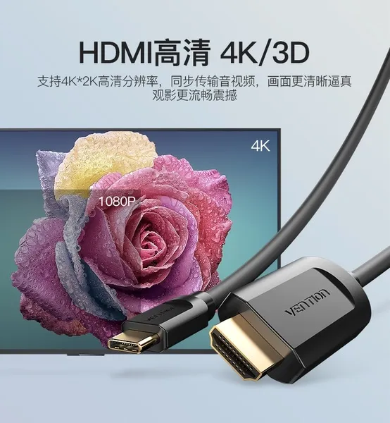 Адаптер-кабель Vention USB Type-C - HDMI (M/M), 2 м, Black (CGUBH) - мініатюра 3