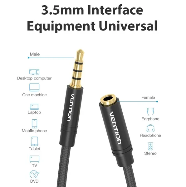 Кабель Vention Audio 3.5 мм - 3.5 мм (М/F), 2 м, чорний (VAB-B06-B200-M) - мініатюра 5