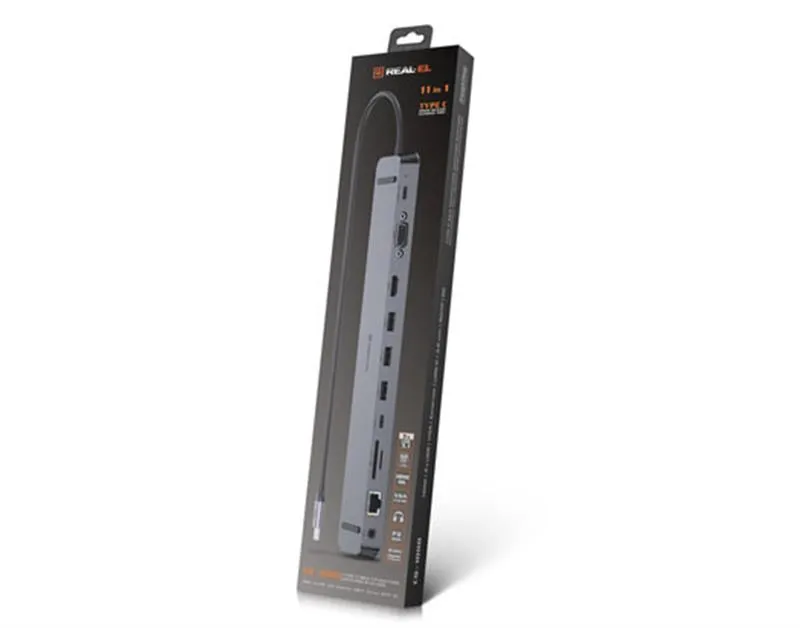 USB-хаб REAL-EL CQ-1000 USB3.0х3/USB-C/HDMI/VGA/RJ45/SD/TF/3.5 mm audio, 0.4m, Space Grey - мініатюра 5