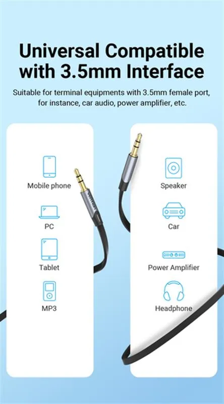 Кабель Vention Audio 3.5 мм - 3.5 мм (M/M), 1 м, Metal Type, чорний/сріблястий (BAPHF) - мініатюра 2