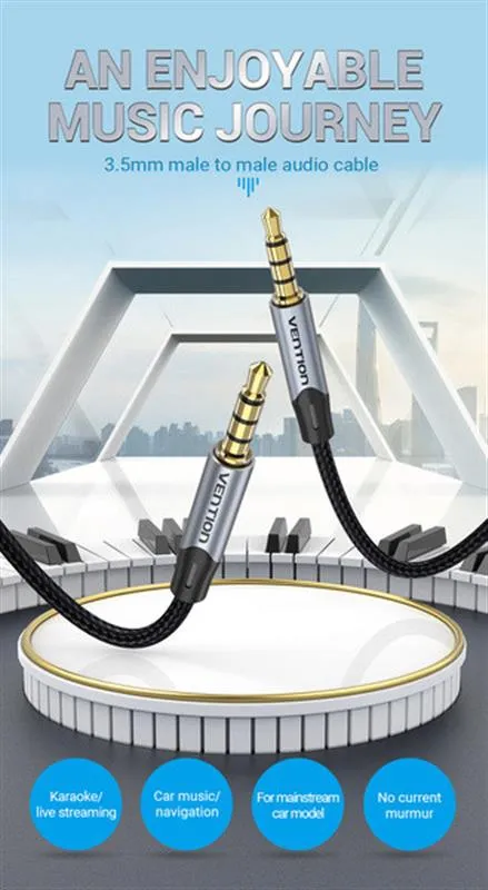 Кабель Vention Audio 3.5 мм - 3.5 мм (M/M), 1 м, Metal Type, чорний/сріблястий (BAPHF) - мініатюра 3