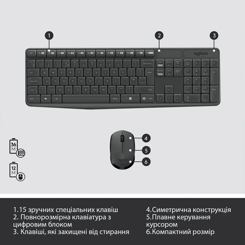 Комплект (клавіатура, миша) бездротовий Logitech MK235 ENG/UKR Grey (920-007931) - мініатюра 7