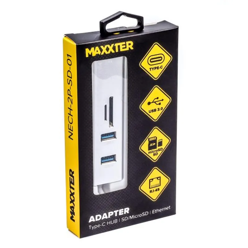 Концентратор USB Type-C Maxxter 2хUSB3.0, RJ-45, microSD/TF, метал, Grey (NECH-2P-SD-01) - мініатюра 3