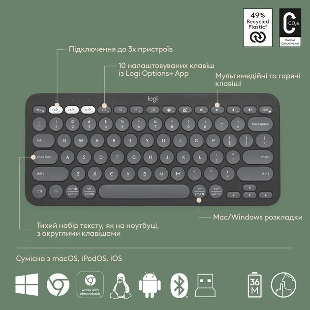 Комплект (клавіатура, миша) бездротовий Logitech Pebble 2 Combo Graphite (920-012239) - мініатюра 8