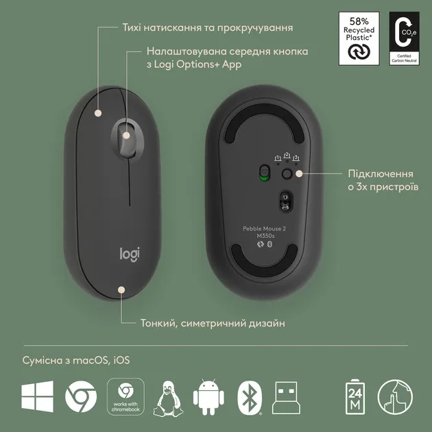 Комплект (клавіатура, миша) бездротовий Logitech Pebble 2 Combo Graphite (920-012239) - мініатюра 9