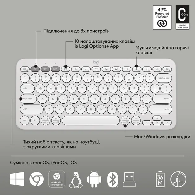Комплект (клавіатура, миша) бездротовий Logitech Pebble 2 Combo White (920-012240) - мініатюра 8