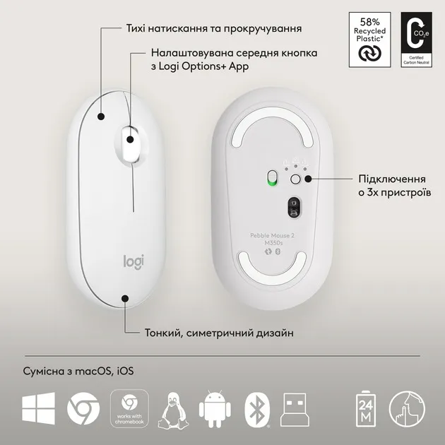 Комплект (клавіатура, миша) бездротовий Logitech Pebble 2 Combo White (920-012240) - мініатюра 9