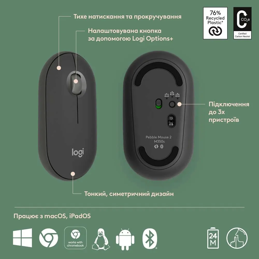 Миша бездротова Logitech Pebble Mouse 2 M350s Graphite (910-007015) - мініатюра 12