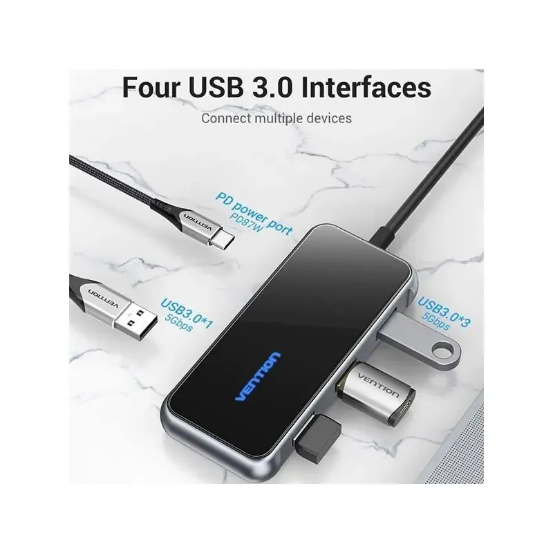 Концентратор Vention 5 в 1 Type-C-USB-PD 4USB 3.0 87W 4K 30Hz 0.15m Black (TFDHB) - мініатюра 2