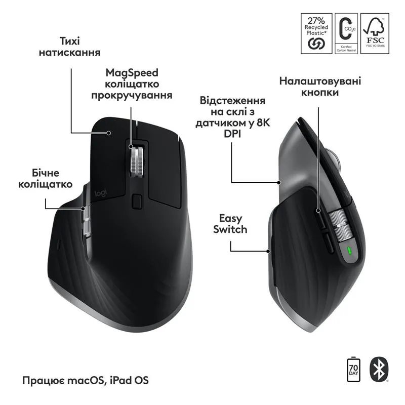Комплект (клавіатура, миша) бездротовий Logitech MX Keys S Combo for Mac Space Grey (920-012845) - мініатюра 4