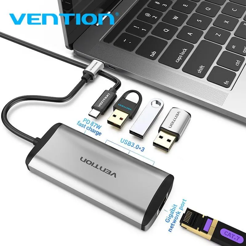 Концентратор Vention USB-C 3-Port, RJ-45, PD, 0.15 m (TGDHB) - мініатюра 2