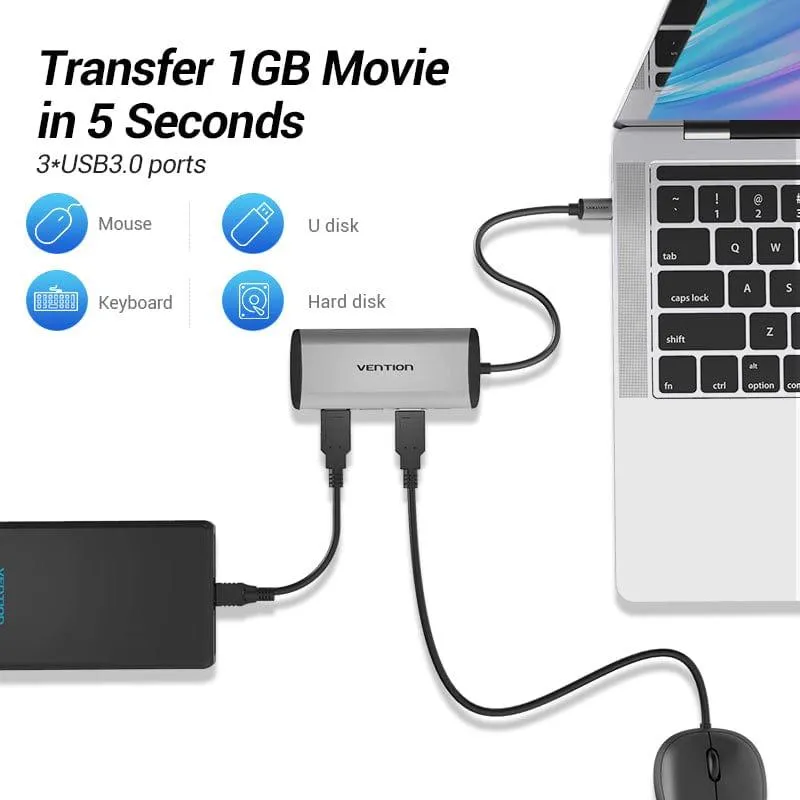 Концентратор Vention USB-C 3-Port, RJ-45, PD, 0.15 m (TGDHB) - мініатюра 4