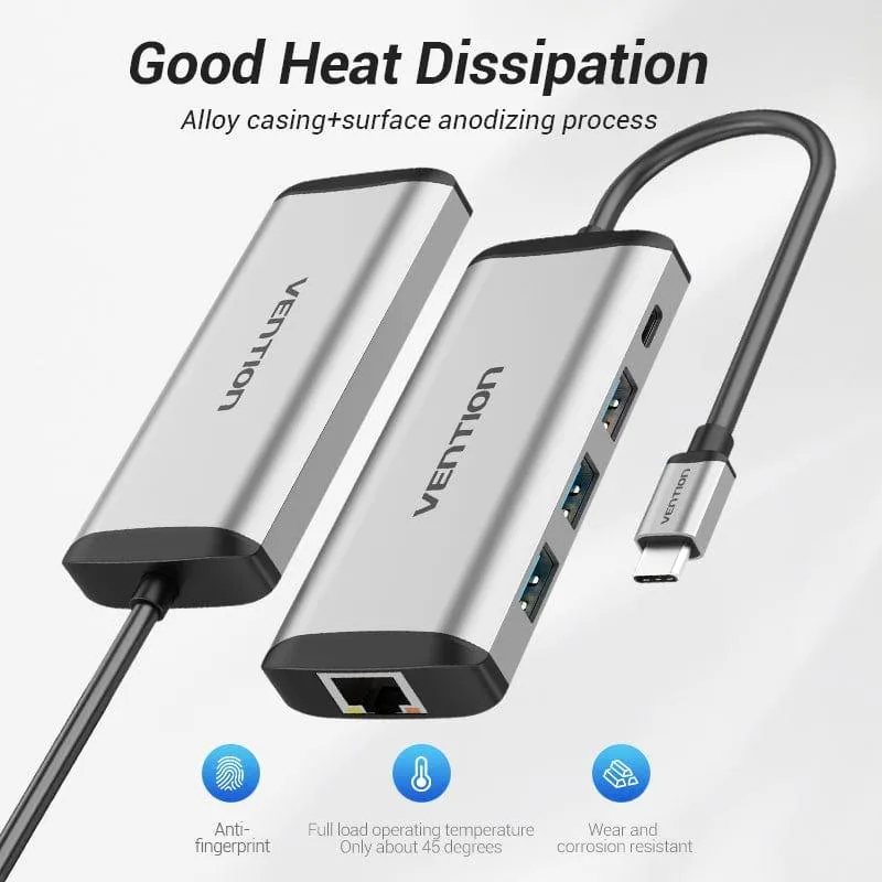 Концентратор Vention USB-C 3-Port, RJ-45, PD, 0.15 m (TGDHB) - мініатюра 7