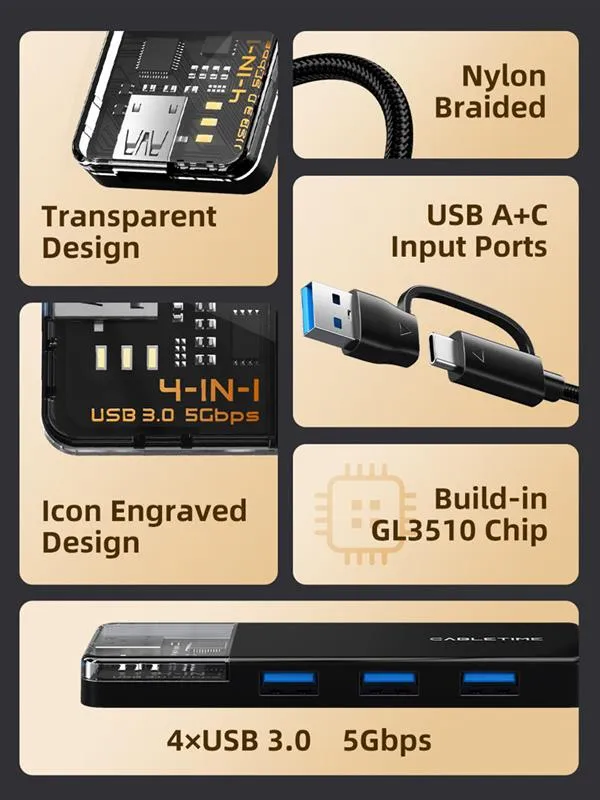 Концентратор Cabletime USB C/A - 4 Port USB 3.0, 5Gbps, 0.15 m (CB05B) - мініатюра 3