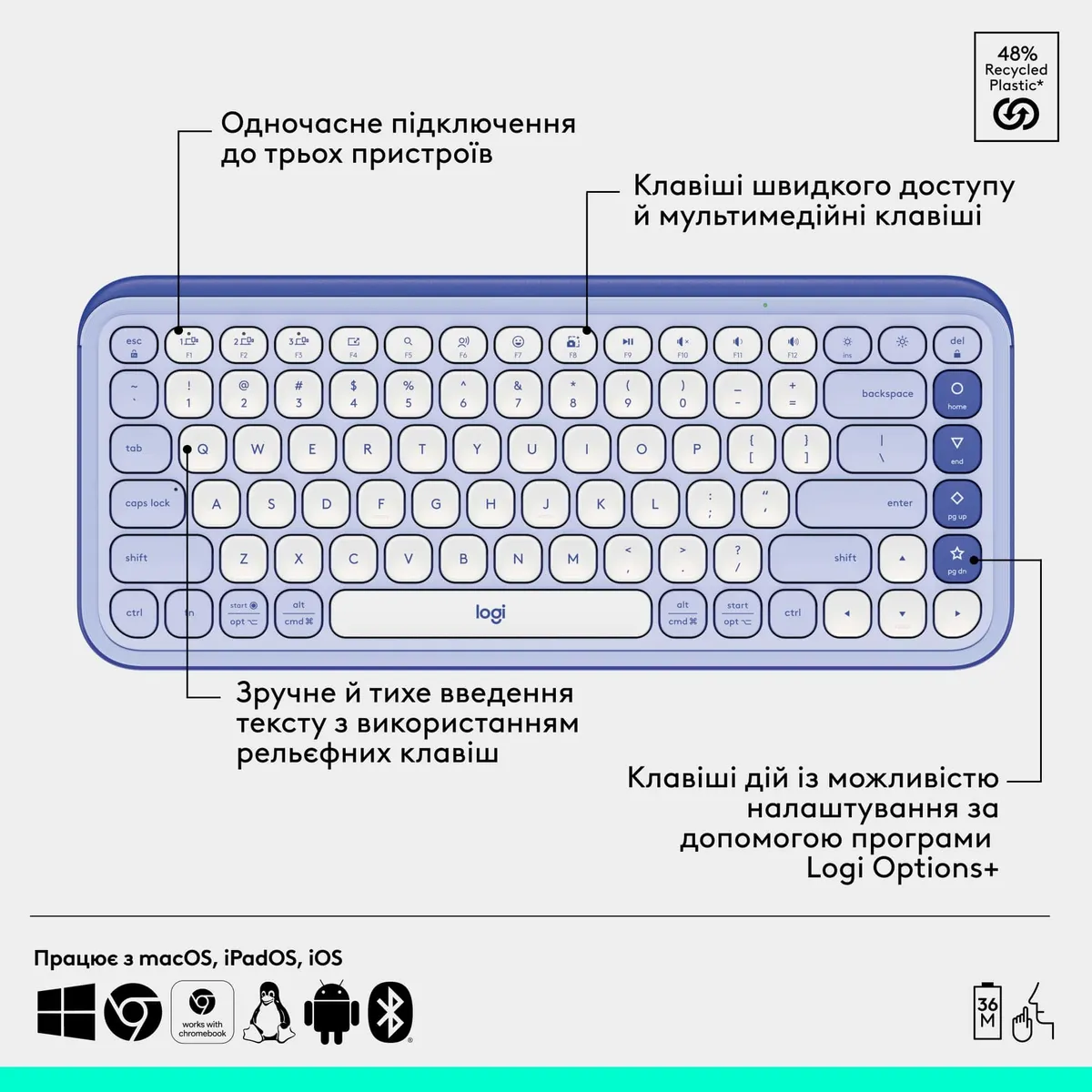 Комплект (клавіатура, миша) бездротовий Logitech Pop Icon Combo Lilac (920-013078) - мініатюра 7