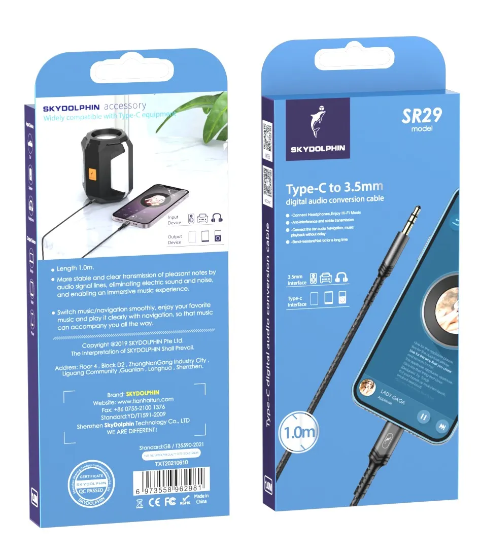 Аудіо-кабель SkyDolphin SR29 3.5 мм - USB Type-C (M/M), 1 м, Black (SDAUX-000076) - мініатюра 2