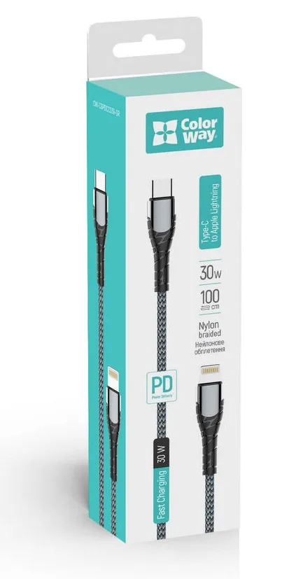Кабель ColorWay USB-C - Lightning (M/M), PD Fast Charging, 3 А, 1 м, Grey (CW-CBPDCL033-GR) - мініатюра 2