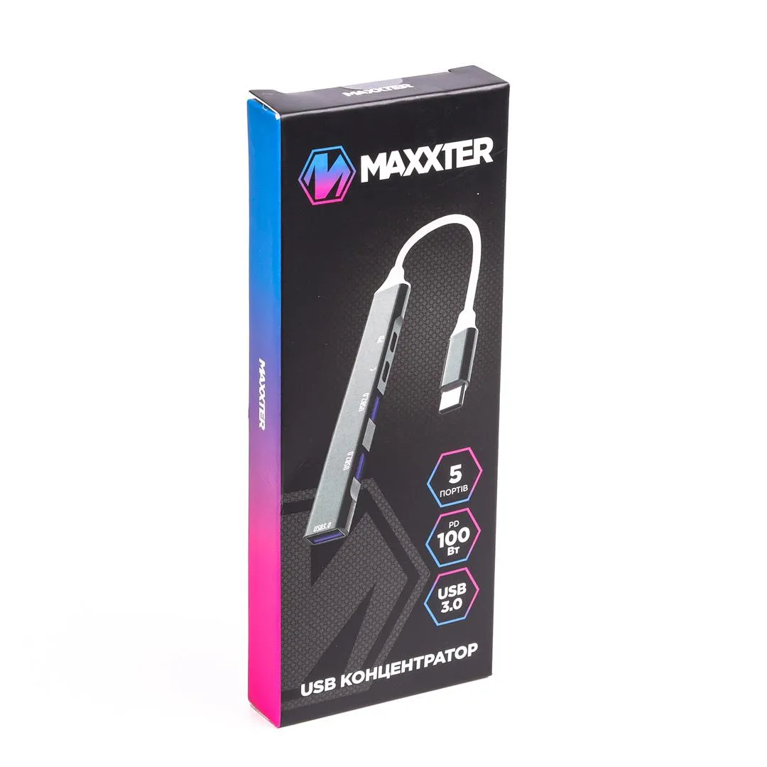Концентратор USB Type-C Maxxter 1xUSB-A 3.0, 2xUSB-A 2.0, 1xUSB-C (PD100W charging), 1хUSB-C Gray (HU3C-4P1PD-01) - мініатюра 3
