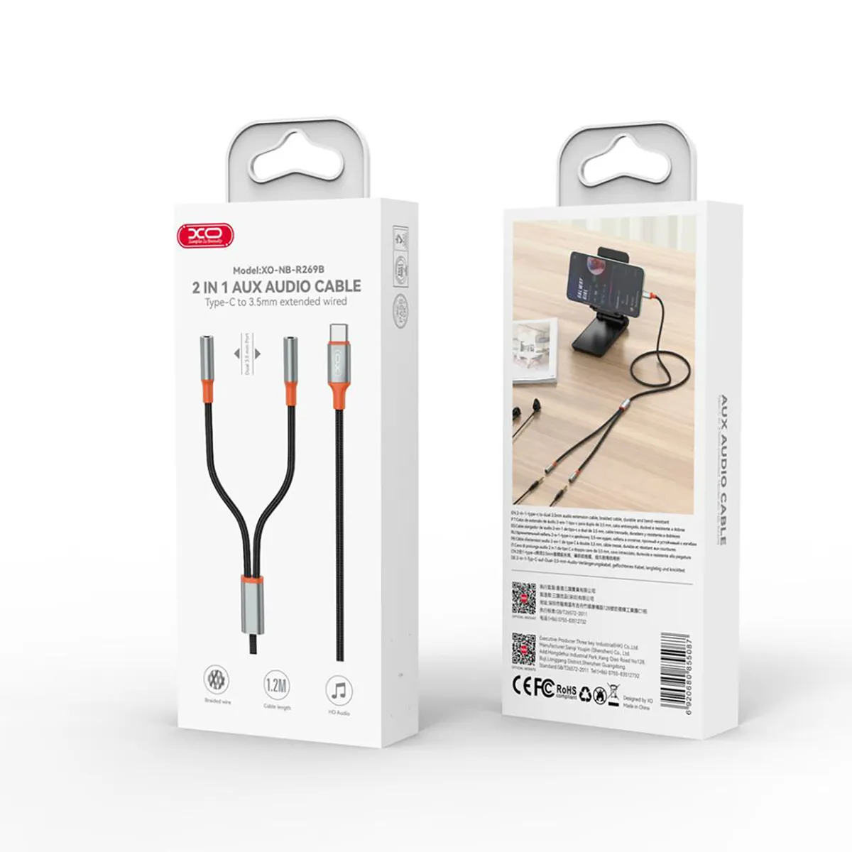 Кабель XO AUX 2х3.5 мм - USB Type-C (F/M), 1 м, Black (NB-R269B.black) - мініатюра 6
