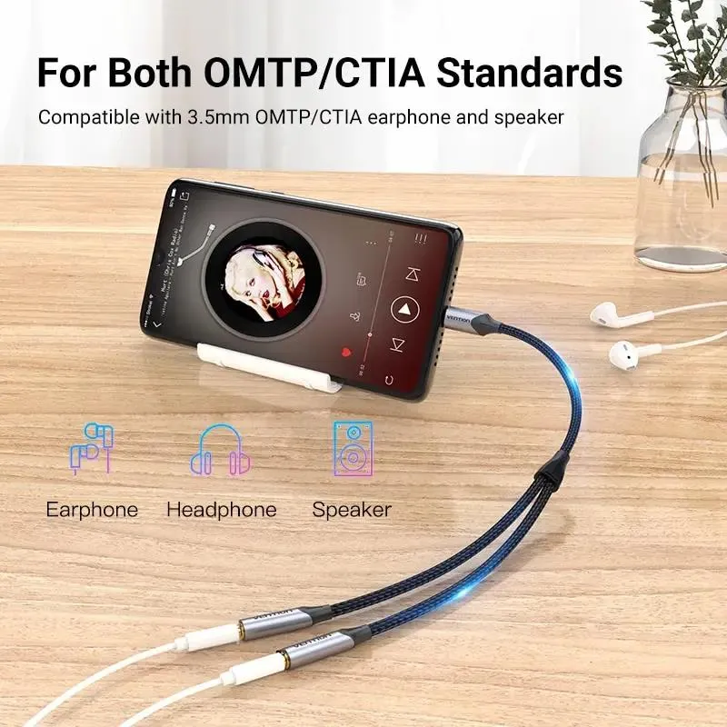 Кабель Vention Audio 2x3.5 mm F - USB Type-C M, 0.3 m, Black (BGPHY) - мініатюра 4