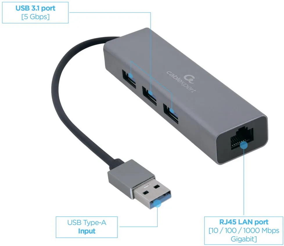 USB-хаб Cablexpert 4 ports USB 3.0 Grey (A-AMU3-LAN-01) - мініатюра 2