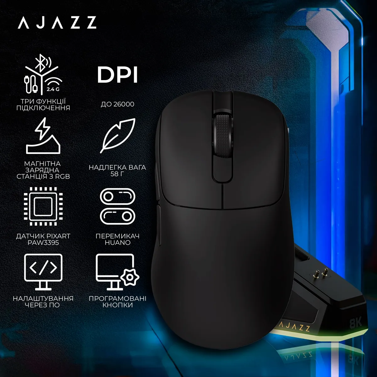 Миша бездротова Ajazz AJ179Pro Black (AJ179-PRO-B) - мініатюра 5
