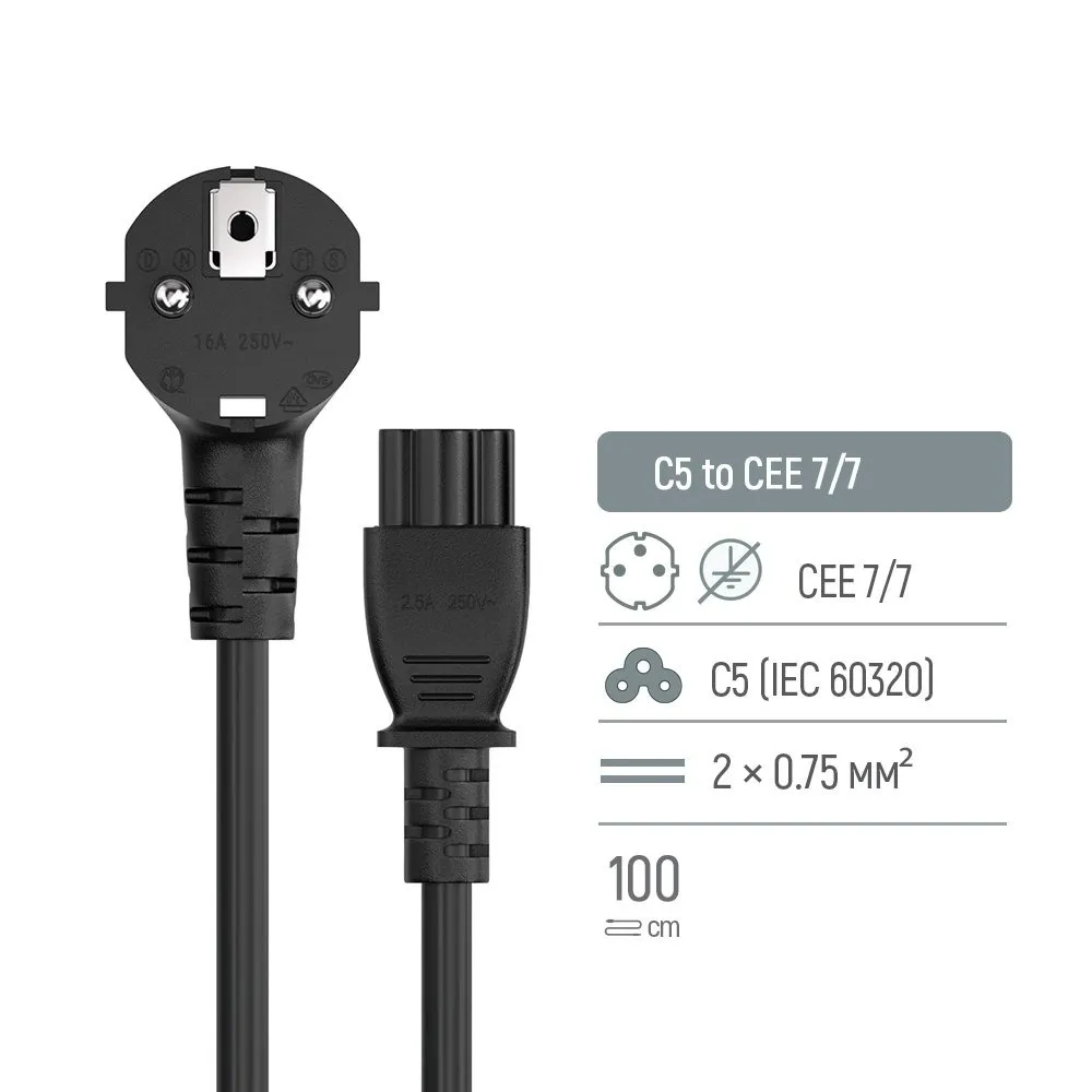 Кабель живлення ColorWay CEE7/7-C5, 1 м, Black (CW-CBP084-BK) - мініатюра 8