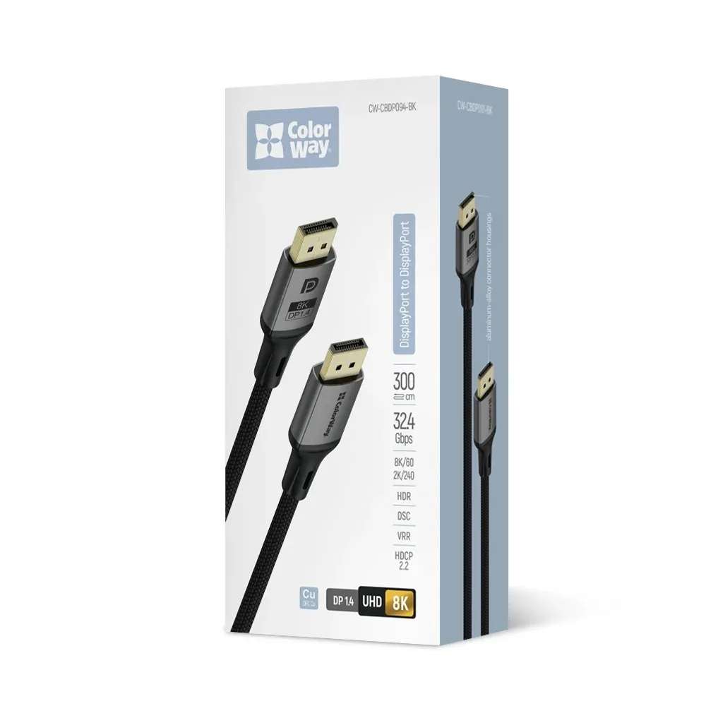 Кабель ColorWay DisplayPort-DisplayPort V1.4 8K 3м, Black (CW-CBDP094-BK) - мініатюра 12