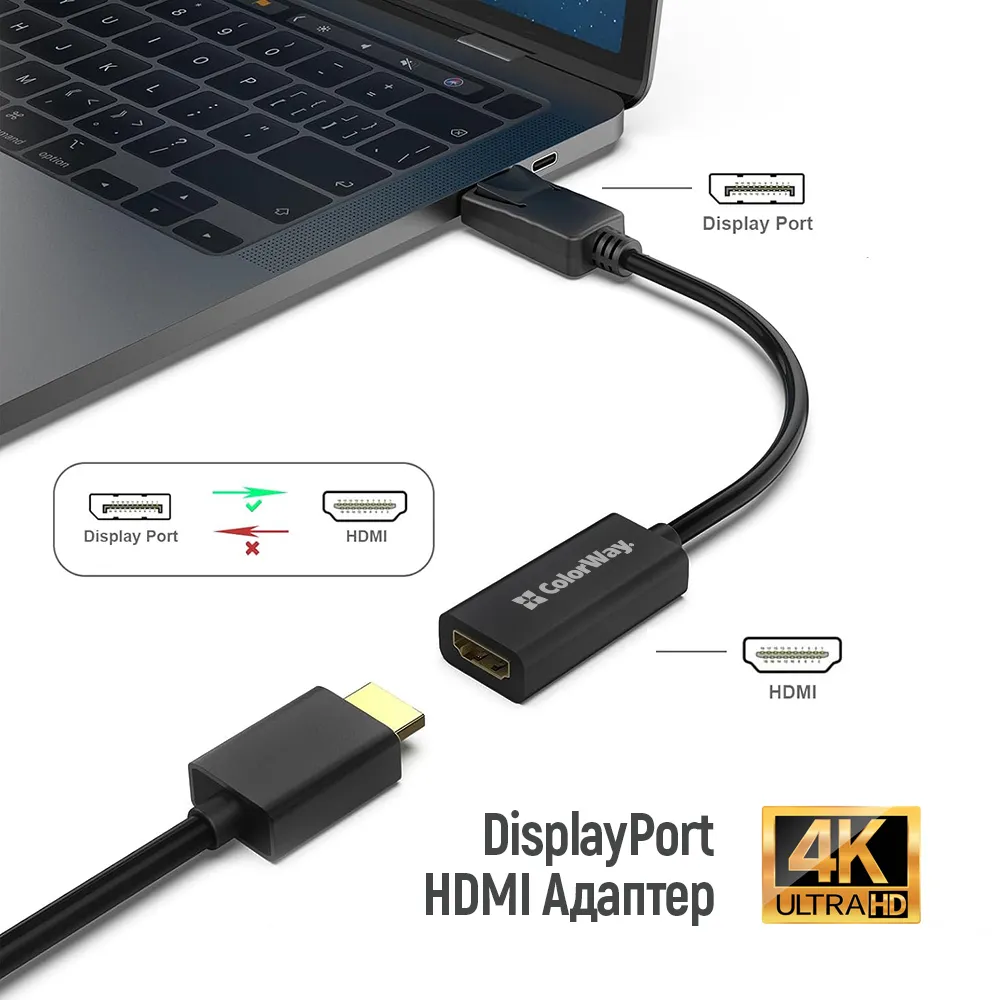 Адаптер Colorway DisplayPort - HDMI (M/F) 4K/30 Гц Black (CW-AD-DPHD) - мініатюра 7