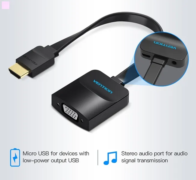 Адаптер Vention Flat HDMI - VGA (M/F), зі звуком і живленням, 0.15 м, чорний (42161) - мініатюра 7