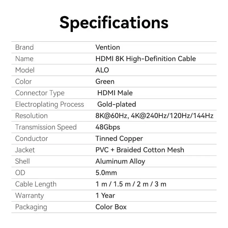 Кабель Vention HDMI - HDMI V 2.1 (M/M), 3 м, Green (ALOGI) - мініатюра 8
