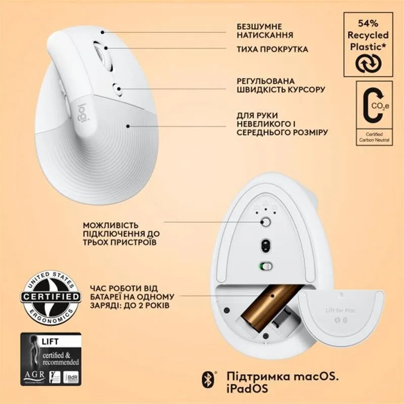 Миша бездротова Logitech Lift for Mac Vertical Ergonomic White (910-006477) - мініатюра 4