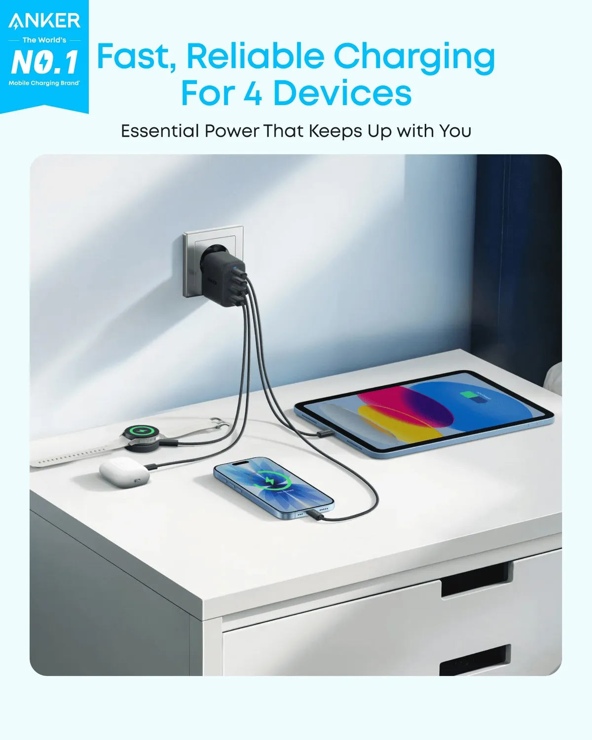 Мережевий зарядний пристрій Anker Zolo Charger 50W, 2xUSB-C, 2xUSB-A, Black (A121EG11) - мініатюра 2